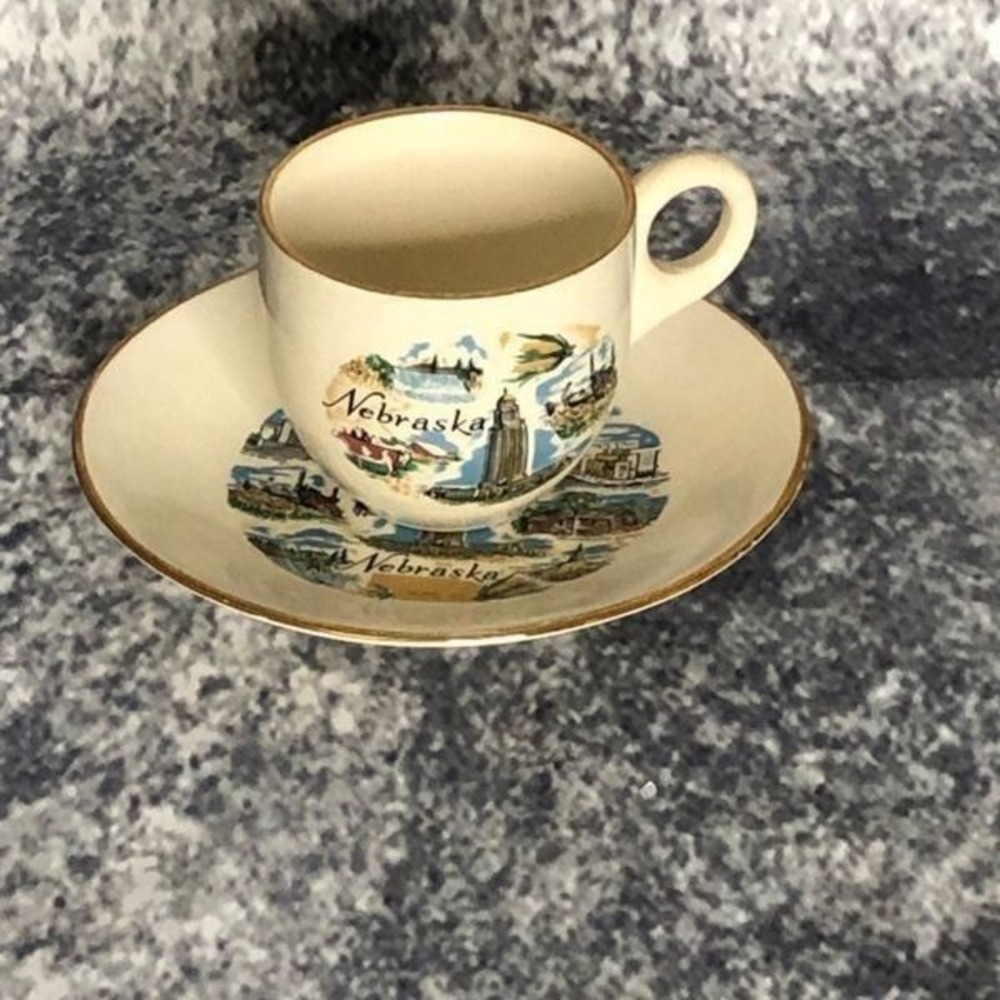 Vintage Sabin Nebraska Souvenir Espresso Cup and Saucer Set 22K Gold Rim